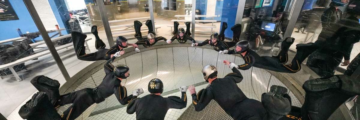 group of indoor skydivers